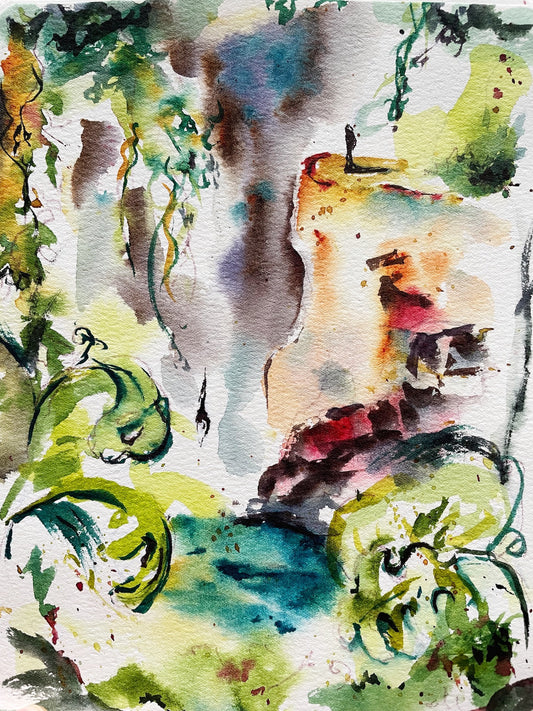 Watercolour sketch of a faraway figure, standing on the edge of a cliff, surrounded by foliage